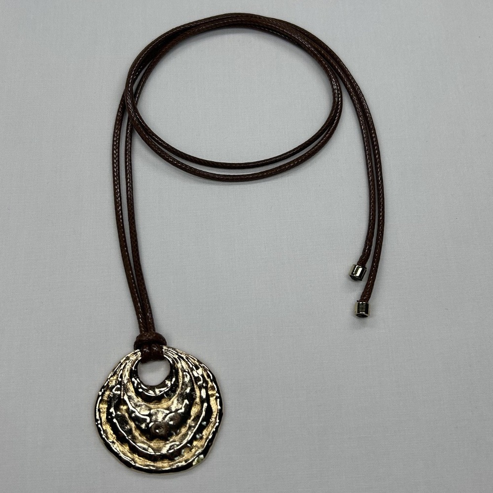 Handmade Brown Cord Gold Textured Disc Pendant Necklace Hammered Boho
